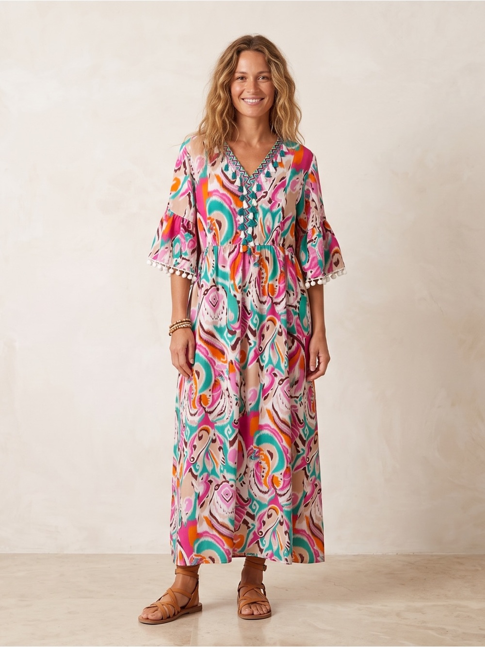 Women’s Multi-Color Printed Maxi Flowy Fun Boho Dress Pom Pom Tassel Trim XXL